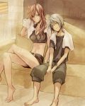  1girl artist_request barefoot casual couch couple crossed_legs final_fantasy final_fantasy_xiii green_eyes height_difference hope_estheim lightning_(ff13) lightning_farron long_hair maka_(morphine) midriff navel pink_hair sitting sketch sleeping sleeping_upright 