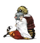  2girls animal_ears blonde_hair blush colored_pencil_(medium) grey_hair hand_on_head holding hug kemonomimi_mode kobushi mary_janes mouse_ears mouse_tail multicolored_hair multiple_girls nazrin red_eyes shoes short_hair sitting tail tears tiger_ears tiger_tail toramaru_shou touhou traditional_media 