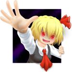  1girl ascot blonde_hair bust fangs fingernails fourth_wall gradient gradient_background hair_ribbon highres kantoku682_(kuro682) long_sleeves looking_at_viewer open_mouth outstretched_arm reaching_out red_eyes ribbon rumia short_hair simple_background slit_pupils solo touhou white_background 