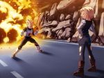  1girl android_18 angry blonde_hair boots dragon_ball dragon_ball_z dragonball dragonball_z explosion fire hand_on_hip panties pantyhose shirt striped striped_panties striped_shirt tasaka_shinnosuke torn_clothes torn_pantyhose underwear vegeta 