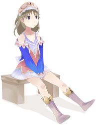  atelier atelier_rorona atelier_totori bare_shoulders blonde_hair boots dress purple_hair sitting solo supi_(pixiv) totooria_helmold 