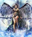  angel bccp curvy green_eyes highres long_hair polearm spear weapon white_hair wings 