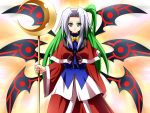  capelet crescent falketto fusion green_eyes green_hair hair_intakes long_hair mima multicolored_hair multiple_wings parody shinki side_ponytail silver_hair solo staff touhou two-tone_hair wings 