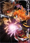  :d absurdres black_hair crossover fang fingerless_gloves gloves headband highres lina_inverse majutsushi_orphen official_art open_mouth orange_hair orphen red_eyes scan slayers smile wink 