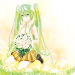  abe_toshi blue_eyes bouquet flower green_hair hatsune_miku long_hair sitting skirt solo twintails very_long_hair vocaloid 