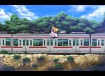  absurdres amaneko cloud clouds highres motion_blur ryouma_(galley) scenery sitting sky solo touhou train tree yakumo_yukari 