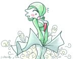  blush breasts embarrassed gardevoir large_breasts no_humans open_mouth pokemon simple_background skirt solo wind 