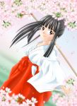  aoyama_motoko black_hair brown_eyes cherry_blossoms chouko japanese_clothes long_hair love_hina miko petals ponytail sword weapon 