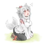  abekawa animal_ears arm_support blush breasts detached_sleeves dog_ears dog_tail ear_wiggle grey_hair hat inubashiri_momiji kneeling large_breasts looking_up open_mouth red_eyes short_hair silver_hair solo tail tail_wagging tokin_hat touhou v_arms wolf_ears wolf_tail 