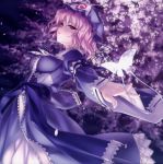  butterfly cherry_blossoms dutch_angle foreshortening hat highres impossible_clothes japanese_clothes night petals pink_eyes pink_hair rokuwata_tomoe saigyouji_yuyuko scan short_hair solo touhou 