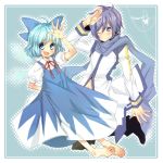  bad_id barefoot blue_eyes blue_hair blush bow cirno crossover fang feet hair_bow hands kaito midriff mikippa nail_polish navel scarf short_hair smile touhou vocaloid wink 