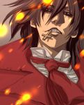  alucard_(hellsing) black_hair cross fang hellsing inverted_cross male mouth_hold red solid&amp;etc solo vampire 