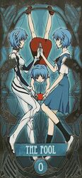  ayanami_rei black_eyes blue_hair card_(medium) child dress eye_contact food fruit highres holding_hands multiple_persona neon_genesis_evangelion plugsuit red_eyes scan scan_artifacts school_uniform shoes short_hair socks tarot time_paradox upside-down young 