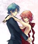  1girl armpits bare_shoulders blue_eyes blue_hair bow breast_press breasts cleavage couple dress earrings formal hug jewelry kaito male meiko nail_polish red_eyes red_hair redhead shiroyama_ayako short_hair smile suit vocaloid yamako_(artist) 