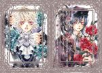  beads black_hair blonde_hair blood bow fangs flower hat hina jewelry lee_sun_young male multiple_boys necklace open_mouth original red_eyes rose 