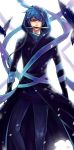  bird blood blue_hair crow dark_persona green_eyes highres kaito knife male mouth_hold pose ribbon short_hair solo standing trenchcoat udonnodu vocaloid 