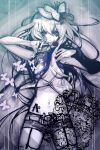  absurdres blue_eyes butterfly garters highres kotoba_(piapro) long_hair megurine_luka microphone midriff monochrome navel purple sepia shorts solo spot_color vocaloid 