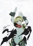  aegis android blonde_hair blue_eyes bow highres jacket persona persona_3 ribbon robot_joints scan short_hair soejima_shigenori solo torn_clothes 