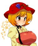  aki_shizuha bow breasts chibi_inset choker food fruit grape grapes hat huge_breasts kiri_futoshi neck_ribbon orange_hair pun ribbon ribbon_choker sweatdrop touhou translated 