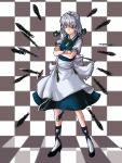  ankle_lace-up apron braid checkered checkered_background cross-laced_footwear crossed_arms danmaku floating hair_ribbon high_heels izayoi_sakuya knife m134 maid maid_headdress maid_headress red_eyes ribbon shoes silver_hair solo touhou twin_braids wink 