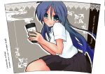  bad_id blue_eyes blue_hair engrish face hands highres hiiragi_miki long_hair lucky_star ranguage shing_(sorairo_factory) shing_xiang_bei smile solo tumbler 