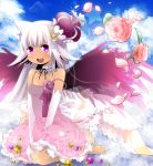  animal_ears blush cat_ears character_request choker cloud clouds crown dress fang flower gem highres hime_cut kneeling long_hair moonyan open_mouth original outdoors outside petals purple_eyes rose rose_petals sky solo strap_slip violet_eyes white_hair wings 