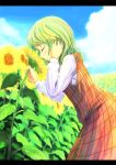  bad_id closed_eyes cloud flower flower_field green_hair kazami_yuuka leaning_forward letterboxed plaid plaid_skirt plaid_vest profile skirt skirt_set smelling_flower solo sunflower touhou you_(shimizu) 