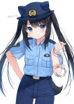  1girl animal_ears animal_hat anz32 bangs black_hair blue_headwear blue_pants blue_shirt blush closed_mouth collared_shirt commentary_request cuffs dog_ears dog_tail dress_shirt eyebrows_visible_through_hair fake_animal_ears hair_between_eyes hand_on_hip handcuffs hat holding long_hair original pants police police_hat police_uniform policewoman shirt short_sleeves sidelocks simple_background smile solo tail twintails twitter_username uniform very_long_hair white_background 