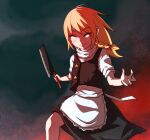  1girl apron bangs black_skirt black_vest blonde_hair blush bow braid cleaver closed_eyes closed_mouth commentary_request cookie_(touhou) eyebrows_visible_through_hair feet_out_of_frame hair_bow highres holding holding_knife kirisame_marisa knife long_hair magic:_the_gathering no_hat no_headwear shirt short_sleeves skirt smile solo star_(symbol) suzu_(cookie) tibalt touhou vest waist_apron white_shirt yan_pai 