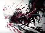  bangs black_shirt blood blood_from_mouth bone crown from_side gradient gradient_background grey_background guro highres kagune_(tokyo_ghoul) kaneki_ken koujima_shikasa male_focus open_mouth organs profile ribs shirt short_hair short_sleeves solo spine tears teeth tokyo_ghoul tokyo_ghoul:re white_background white_hair 