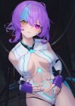  1girl aino_(robolife) android blue_hair breasts cable commentary cowboy_shot english_commentary head_tilt highres joints large_breasts leotard looking_at_viewer multicolored_hair parted_lips purple_hair robolife_-_days_with_aino robot_joints solo streaked_hair violet_eyes white_leotard whitem_(whiteemperor2020) yellow_eyes 