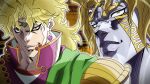  1boy blonde_hair closed_mouth dio_brando earrings grandguerrilla heart heart_earrings heaven_ascended_dio high_collar jewelry jojo_no_kimyou_na_bouken jojo_no_kimyou_na_bouken:_eyes_of_heaven looking_at_viewer multiple_views parted_lips projected_inset red_eyes sanpaku smile yellow_eyes 