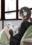  1girl bangs bare_legs bell blue_eyes book brown_eyes brown_hair cat closed_mouth commentary_request couch from_side headphones highres holding holding_book hood hoodie light_blush long_sleeves looking_at_viewer looking_down map nape neck_bell original reading signature sitting smile solo soragane_(banisinngurei) twintails whiskers white_cat window 