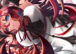  1girl :o arms_behind_head bangs bloodyblack blue_eyes breasts fangs heterochromia highres hololive hololive_english irys_(hololive) large_breasts long_hair looking_at_viewer lying on_side open_mouth pointy_ears redhead solo violet_eyes virtual_youtuber 