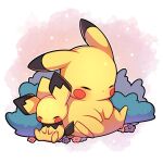  absurdres artist_name blush closed_eyes commentary english_commentary flower highres no_humans pichu pikachu pink_background pokemon pokemon_(creature) sevi_(seviyummy) sleeping sparkle watermark white_background 