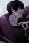  1boy bangs black_hair black_shirt blue_eyes fushiguro_touji grmms_otk hand_up holding holding_weapon jujutsu_kaisen looking_down male_focus monster parted_lips profile scar scar_on_face shirt short_hair sideways_glance simple_background smile solo three_section_staff upper_body weapon white_background 