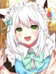  1girl alternate_costume animal_ear_fluff animal_ears bangs bloom blurry blurry_background blush bow bowtie braid commentary_request earrings enmaided eyebrows_visible_through_hair fox_ears fox_girl green_eyes green_neckwear hair_between_eyes hibarino_tuyuri hololive jewelry looking_at_viewer maid maid_headdress open_mouth shirakami_fubuki sidelocks single_braid smile solo virtual_youtuber white_hair 