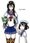  2girls black_hair blue_eyes blue_sailor_collar blue_skirt bob_cut brown_legwear cowboy_shot daitou_(kancolle) dress glasses green_eyes hairband hat height_difference high_ponytail highres hip_vent kantai_collection long_hair multiple_girls nemurakka one-hour_drawing_challenge ooyodo_(kancolle) pleated_skirt quill red_neckwear sailor_collar sailor_dress sailor_hat school_uniform semi-rimless_eyewear serafuku short_hair short_sleeves sidelocks simple_background skirt thigh-highs under-rim_eyewear white_background white_dress white_headwear 