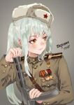  1girl army haseski hat long_hair military military_hat military_uniform nanaha_redstar smile soldier soviet soviet_army tuziki_san uniform virtual_youtuber 