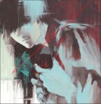  1boy 3others bangs black_background black_hair black_reaper collared_shirt commentary_request glowing glowing_eye grey_background grey_hair hair_over_one_eye kaneki_ken koujima_shikasa looking_at_viewer male_focus multiple_others red_background red_eyes shirt short_hair solo_focus tokyo_ghoul upper_body 