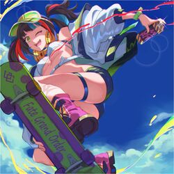  1girl bikini bikini_top boots copyright_name esoul fate/grand_order fate_(series) headphones headphones_around_neck jacket multicolored_hair one_eye_closed sei_shounagon_(fate) sei_shounagon_(swimsuit_berserker)_(fate) shorts skateboard skateboarding spray_paint swimsuit twintails visor_cap yellow_eyes 