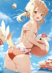  1girl :d ahoge animal_ears ass ball bikini blonde_hair blue_sky breasts chintora0201 clouds day dog_ears dog_tail fang frilled_bikini frills from_behind genshin_impact highres holding holding_ball kemonomimi_mode klee_(genshin_impact) looking_at_viewer ocean open_mouth partially_submerged patreon_username red_bikini red_eyes short_hair skin_fang sky small_breasts smile sunlight swimsuit tail 