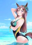  1girl absurdres animal_ears blue_sky breasts brown_hair clouds commentary_request competition_swimsuit day ear_bow highres horizon horse_ears horse_girl horse_tail long_hair looking_at_viewer medium_breasts mejiro_dober_(umamusume) miki_lutecia ocean one-piece_swimsuit outdoors sky soaking_feet solo swimsuit tail twitter_username umamusume violet_eyes water 
