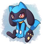  :o absurdres commentary english_commentary full_body grey_background highres looking_at_viewer no_humans open_mouth pokemon pokemon_(creature) red_eyes riolu sevi_(seviyummy) sitting solo two-tone_background watermark white_background 