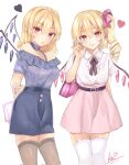  2girls :o alternate_costume bag bangs belt black_legwear blurry breasts closed_mouth contrapposto crystal dated depth_of_field dress drill_hair earrings eyebrows_visible_through_hair feet_out_of_frame flandre_scarlet hair_between_eyes hand_up handbag heart highres jewelry kei_(hidden) legs_together light_smile lips looking_at_viewer medium_breasts medium_hair multiple_girls nail_polish no_hat no_headwear off-shoulder_dress off_shoulder one_side_up parted_lips pink_nails pink_skirt pointy_ears short_sleeves signature simple_background skirt thigh-highs touhou white_background white_legwear wing_collar wings 