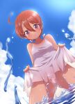  1girl ahoge ass_visible_through_thighs bangs bare_arms bare_shoulders blue_sky brown_hair closed_mouth clothes_lift clouds commentary_request day dress dress_lift eyebrows_visible_through_hair hair_between_eyes lifted_by_self muu_rian original outdoors panties red_eyes short_hair sky sleeveless sleeveless_dress smile solo standing tan tanlines underwear water water_drop white_dress white_panties 