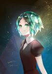  1other androgynous artist_name bangs colored_eyelashes commentary_request crystal_hair dated from_side gem_uniform_(houseki_no_kuni) green_eyes green_hair houseki_no_kuni ingrid7777 light_particles looking_at_viewer necktie phosphophyllite puffy_short_sleeves puffy_sleeves short_hair short_sleeves simple_background smile solo 