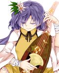  1girl ;) bandages bangs beamed_eighth_notes biwa_lute closed_mouth collared_dress crescent_print dress eighth_note flower hair_flower hair_ornament holding holding_instrument instrument leaf long_hair long_sleeves looking_to_the_side lute_(instrument) music musical_note one_eye_closed playing_instrument purple_hair quarter_note simple_background smile solo star_(symbol) star_print touhou tsukumo_benben upper_body violet_eyes white_background white_flower yellow_dress zetsumame 
