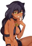  1girl black_hair braid breasts clenched_teeth collarbone covered_nipples dark-skinned_female dark_skin grin hair_between_eyes hair_flaps halterneck highres jahy jahy-sama_wa_kujikenai! konbu_wakame long_hair looking_at_viewer medium_breasts midriff navel o-ring o-ring_top official_art short_shorts shorts simple_background sitting slit_pupils smile solo teeth twitter_username v very_long_hair white_background yellow_eyes 