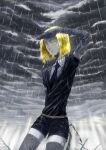  1other absurdres androgynous belt black_neckwear blonde_hair clouds cloudy_sky colored_eyelashes commentary_request crystal_hair elbow_gloves gem_uniform_(houseki_no_kuni) gloves highres houseki_no_kuni multiple_others necktie rain shirt short_hair short_sleeves shorts shumanomalos sky sparkle thigh-highs wet wet_clothes yellow_diamond_(houseki_no_kuni) yellow_eyes 